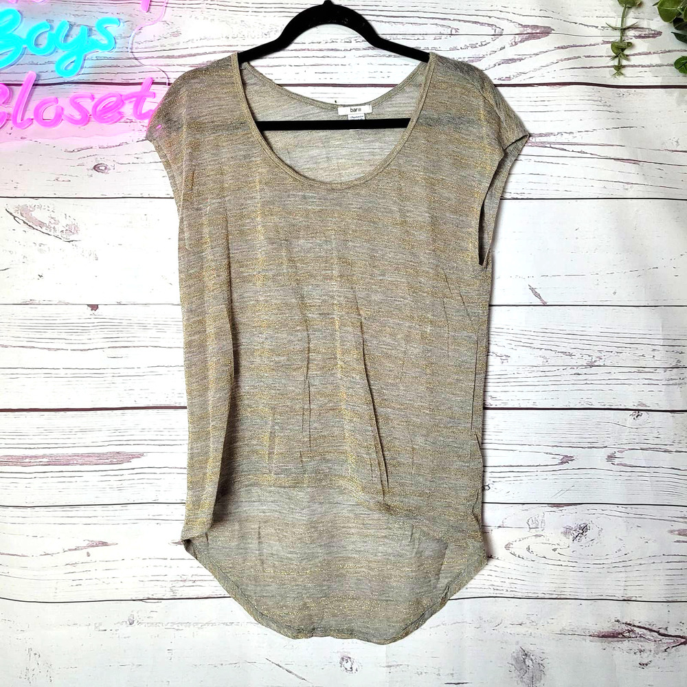 Bar III Gray Gold Striped Scoop Neck Short Sleeve Hi-Low Top Womans Size Medium